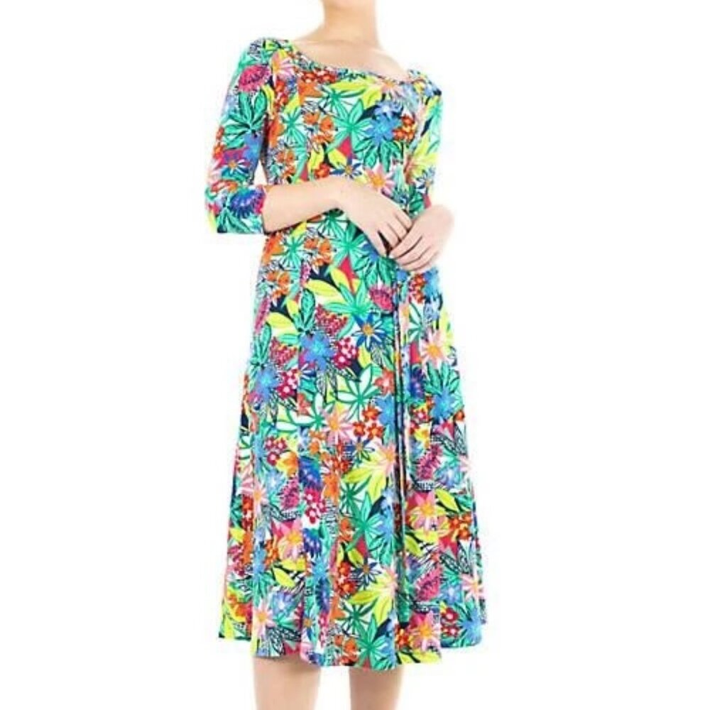 Nina Leonard 3/4 Sleeve Tropical Floral Belted Midi Dress Size‎ S